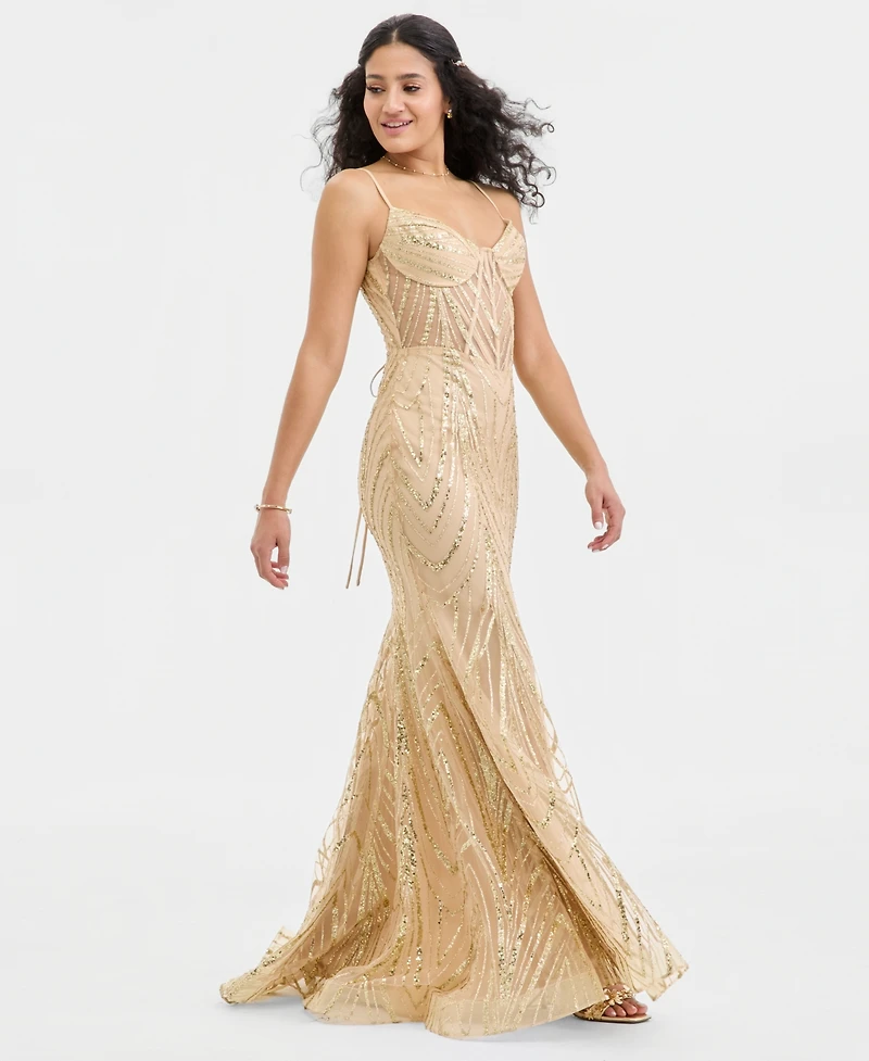 Say Yes Juniors' Sweetheart-Neck Bustier Glitter Mesh Gown