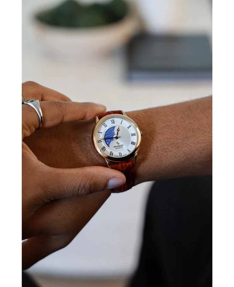 Peugeot Men's 38mm Brown Sun-Moon Brown Leather Strap Watch