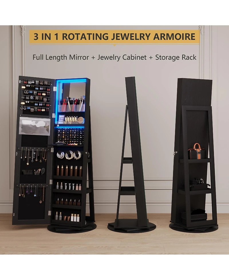 Vlsrka 360° Swivel Jewelry Full-Length Mirror Cabinet with Lights