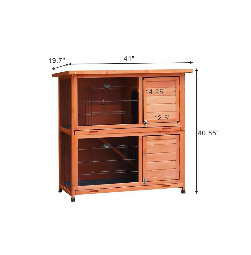 Aostirmotor 41 in. Outdoor Wooden Rabbit Hutch with 2 Removable No-Leak Trays Non-Slip Ramp Waterproof Roof in Natural