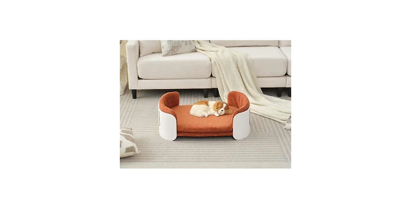 Aostirmotor Cat Couch Bed with Mattress Indoor Pet Sofa White Brown