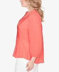 Ruby Rd. Plus Solid Silky Slub Pleated Button Front Top