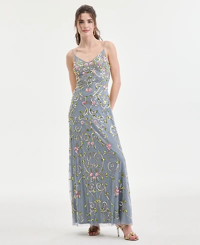 Jump Juniors' Floral Sequin Sleeveless Mesh Gown