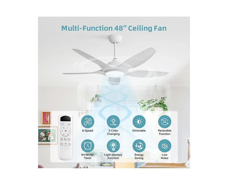 Sofucor 48-inch Matte White 5-Blade Ceiling Fan with Six Speed Remote Control and Forward Reverse Function for Indoor Use