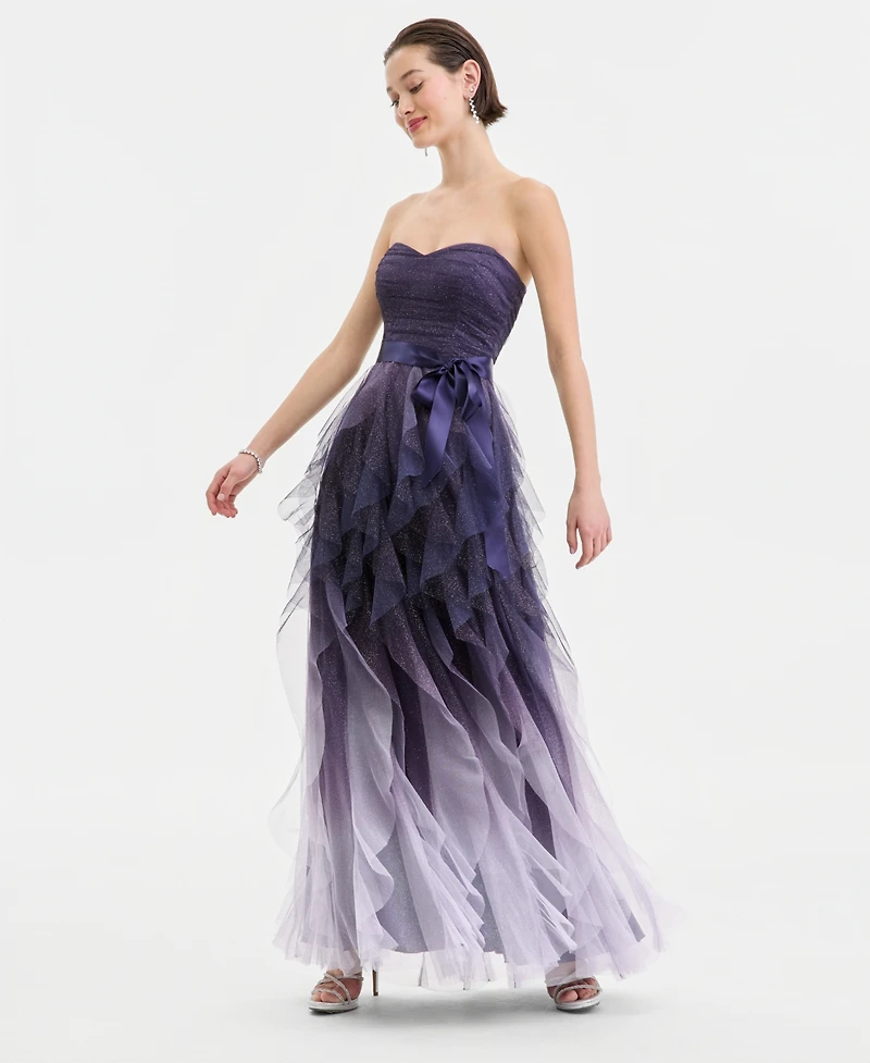 pear culture Juniors' Corkscrew-Ruffled Strapless Gown