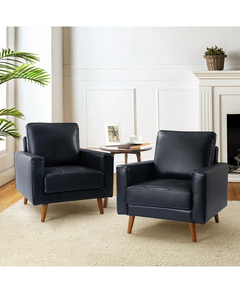 Mid-century Modern Elizabeth Genuine Leather Armchair with Wood Flared Legs