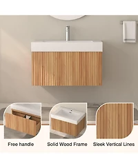 Boyel Living 30" Bathroom Vanity – Wall-Mount Floating Cabinet, Acacia Plywood Finish, Integrated Sink & Basin