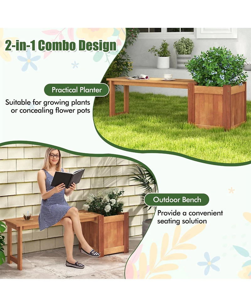 Sugift Teak Oil Finish Raised Garden Bed Wood Planter Box with Bench