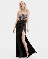 B Darlin Juniors' Illusion-Bodice High-Slit Gown