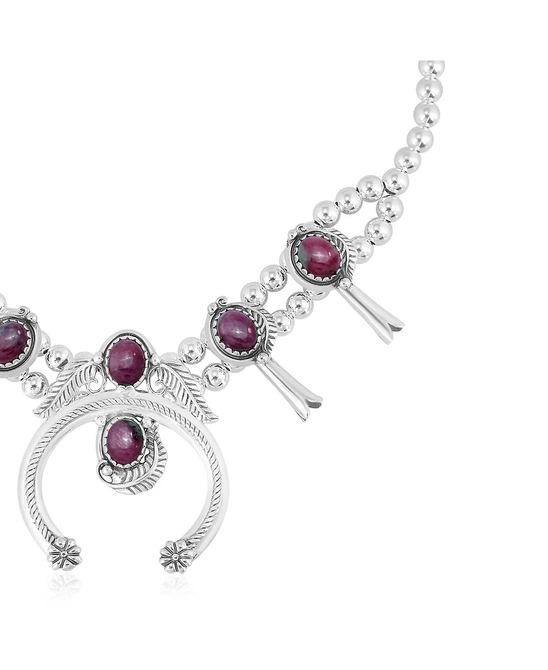 American West Jewelry Sterling Silver Ruby Zoisite Oval Squash Blossom Necklace, 17 to 20 Inches