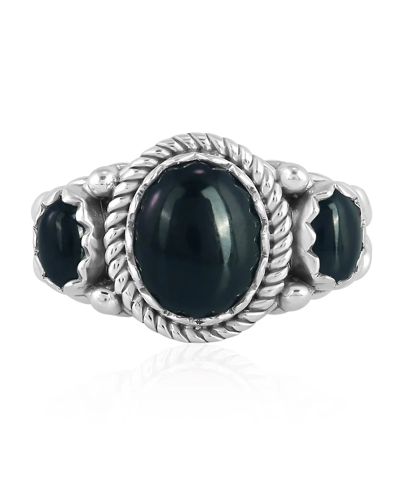 American West Jewelry Sterling Silver Black Agate 3-Stone Ring