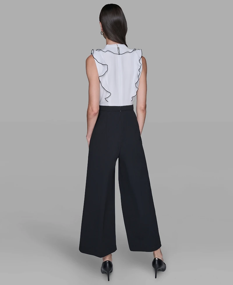 Karl Lagerfeld Paris Women's Ruffle V-Neck with Contrast Bow Jumpsuit