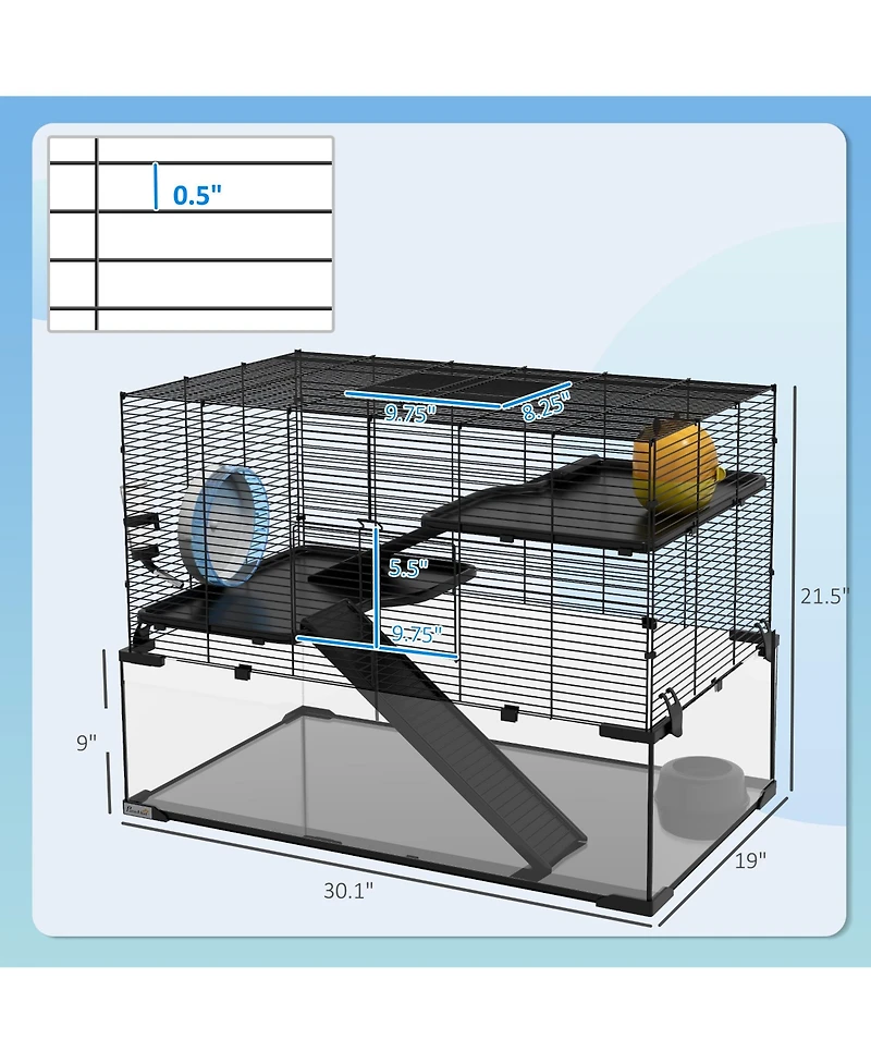 PawHut Hamster Cage, 31" Gerbil Cage with Glass Basin for Small Hamsters