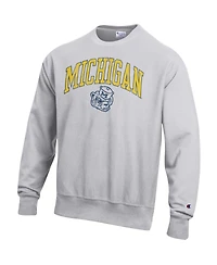 Champion Men's Gray Michigan Wolverines Distressed Arch Over Logo Reverse Weave Crew Neck Sweatshirt