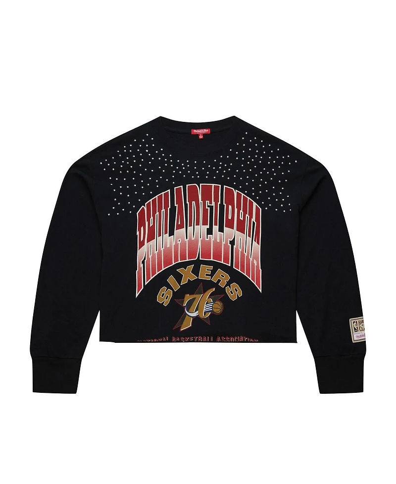 Mitchell & Ness Women's Black Philadelphia 76ers Hardwood Classics Studded Boxy Cropped Long Sleeve T-Shirt