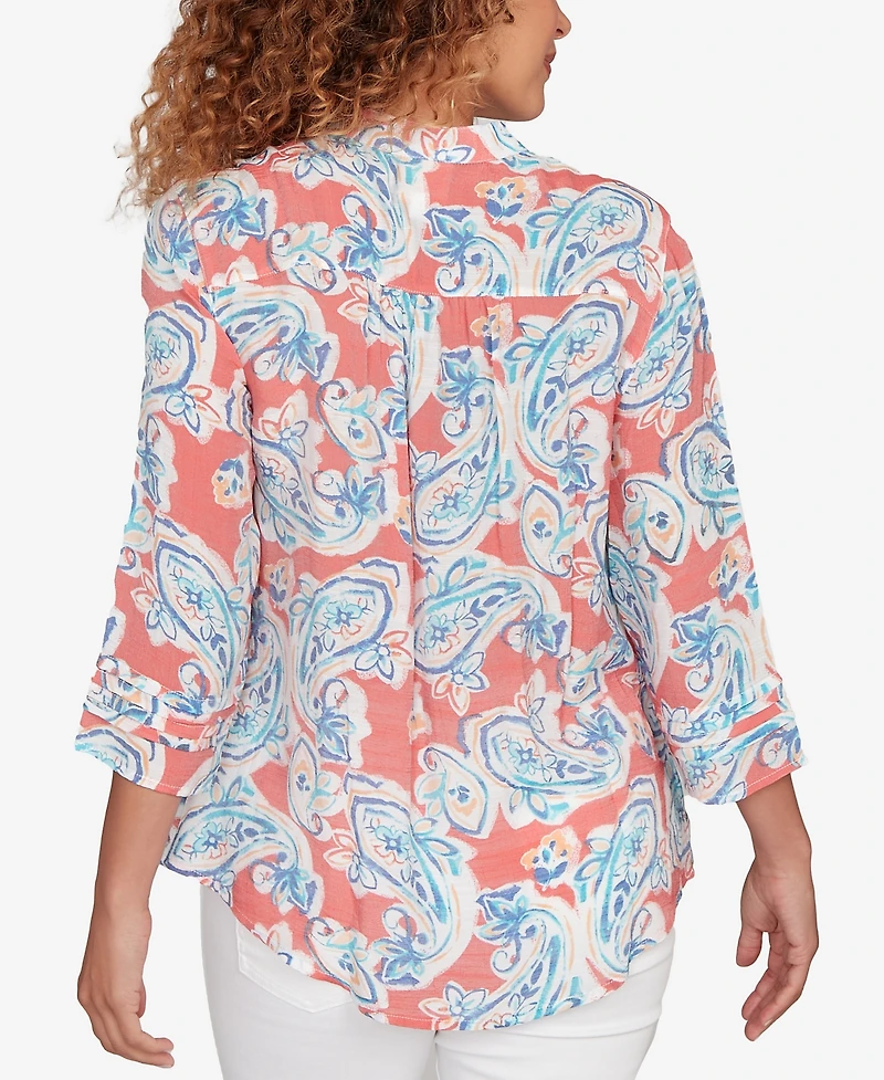 Ruby Rd. Petite Paisley Silky Gauze Button Front Top