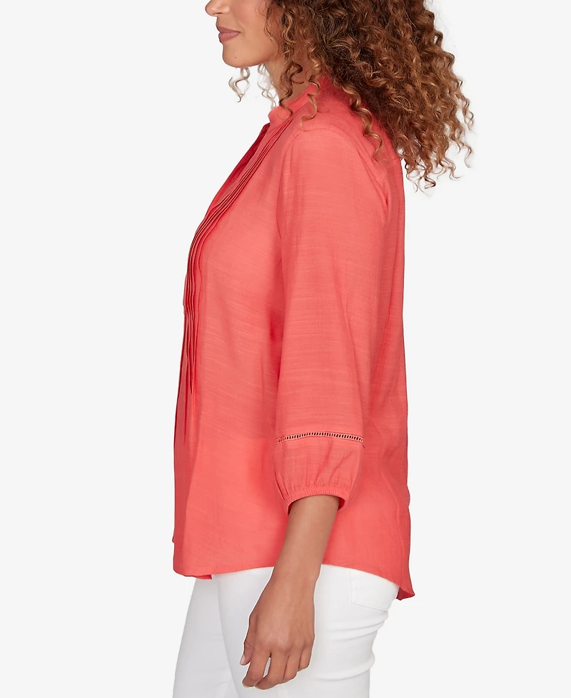 Ruby Rd. Petite Solid Silky Slub Pleated Button Front Top