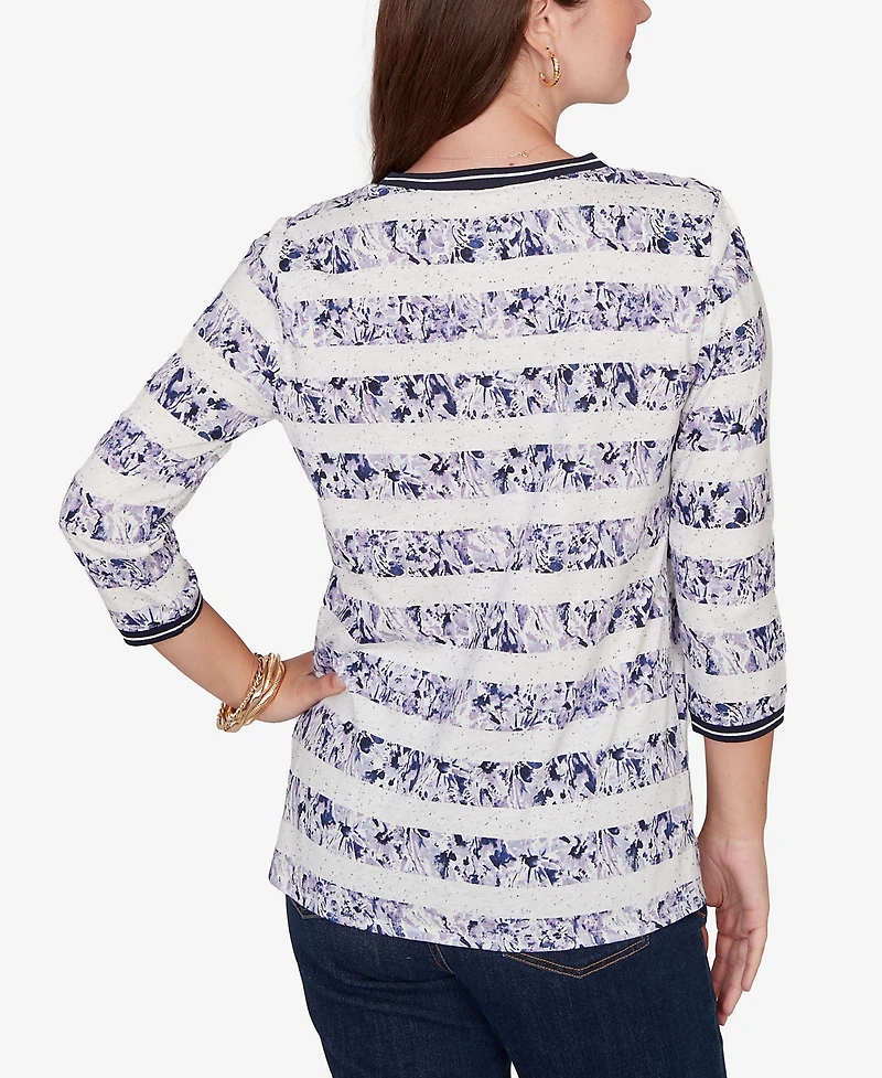 Ruby Rd. Petite Floral Stripe Twist Front Knit Top