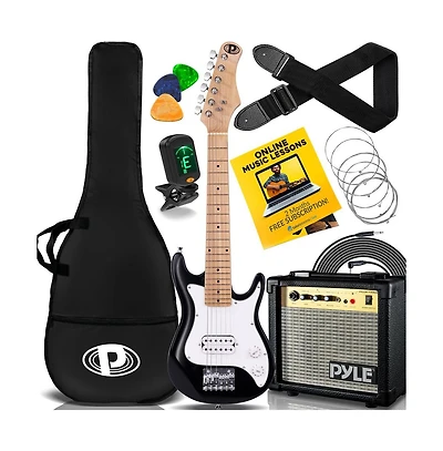 Pyle 30" Kids Electric Guitar Kit with Amplifier, Accessory Pack - Black Gloss, PEGKT30