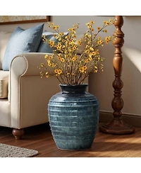 LuxenHome Rippled Blue with Brown 15.75-Inch Tall Round Ceramic Vase, Decorative Home Accent