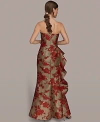 Donna Karan New York Women's Strapless Floral Gathered Ruffled Gown with Split Hem Dress