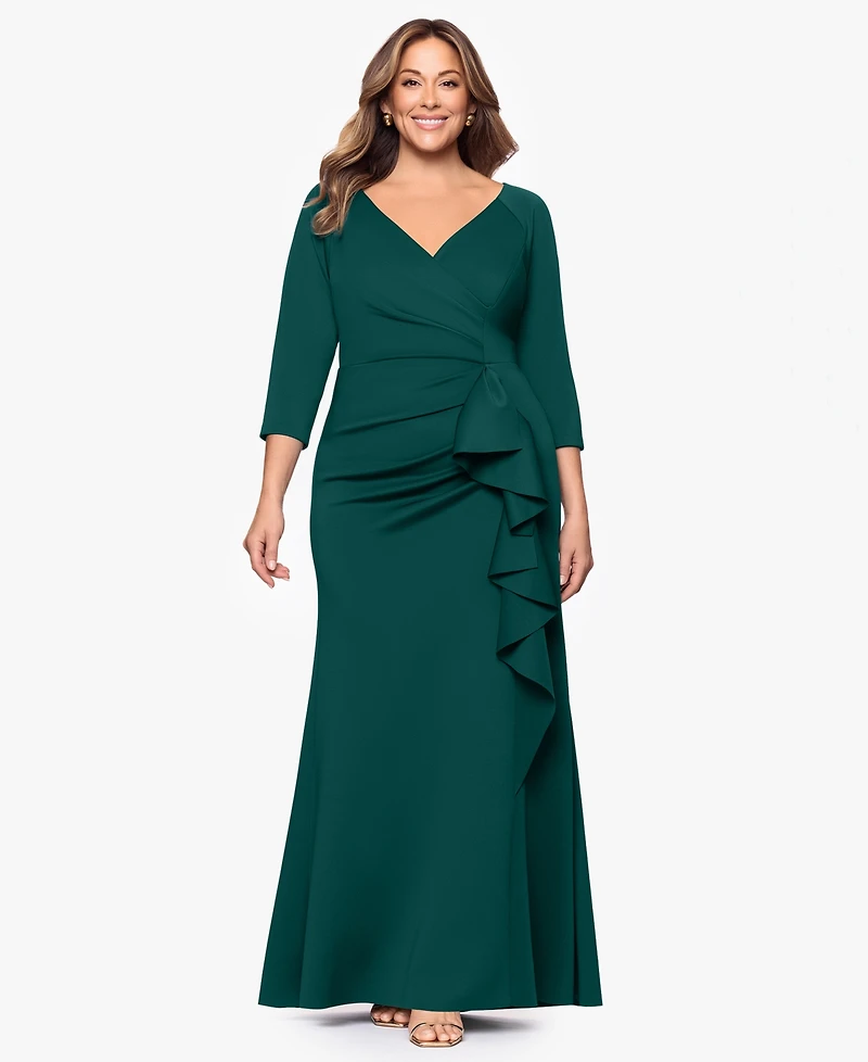 Xscape Plus V-Neck 3/4-Sleeve Dress