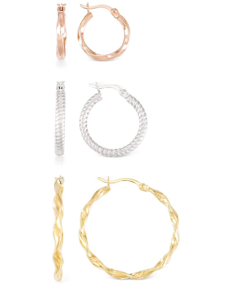 3-Pc. Set Textured Round Hoop Earrings 14k Gold Over Sterling Silver and