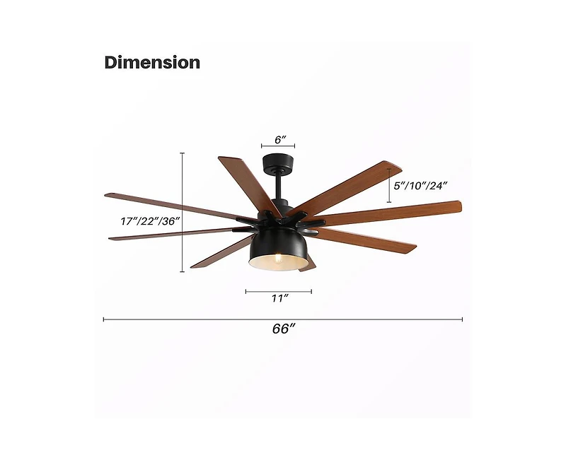 Sofucor 66-inch Modern Black 8-Blade Ceiling Fan with Remote Control and Timing Function
