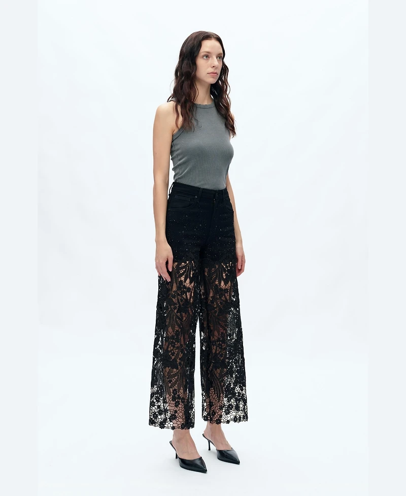 Bayeas Women's High-Rise Embroidered Lace Rhinestone Wide-Leg Jeans