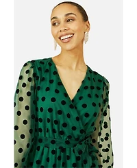 Yumi Women's Spot Mesh Wrap Midi Skater Dress