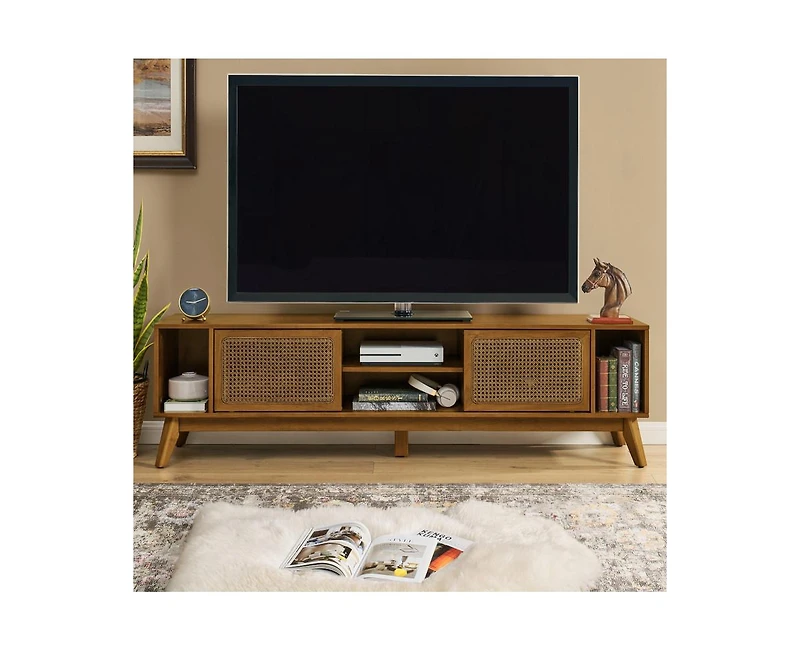 67.9 Inch Mid Century Modern Storage Cabinet With Rattan Tv Stand