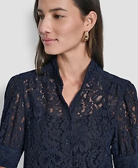 Dkny Jeans Women's Lace Puff Sleeve Stand Collar Shirt