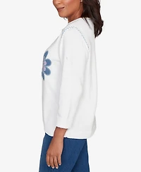 Alfred Dunner Petite Hilton Head Quilted Flower Applique Sweater
