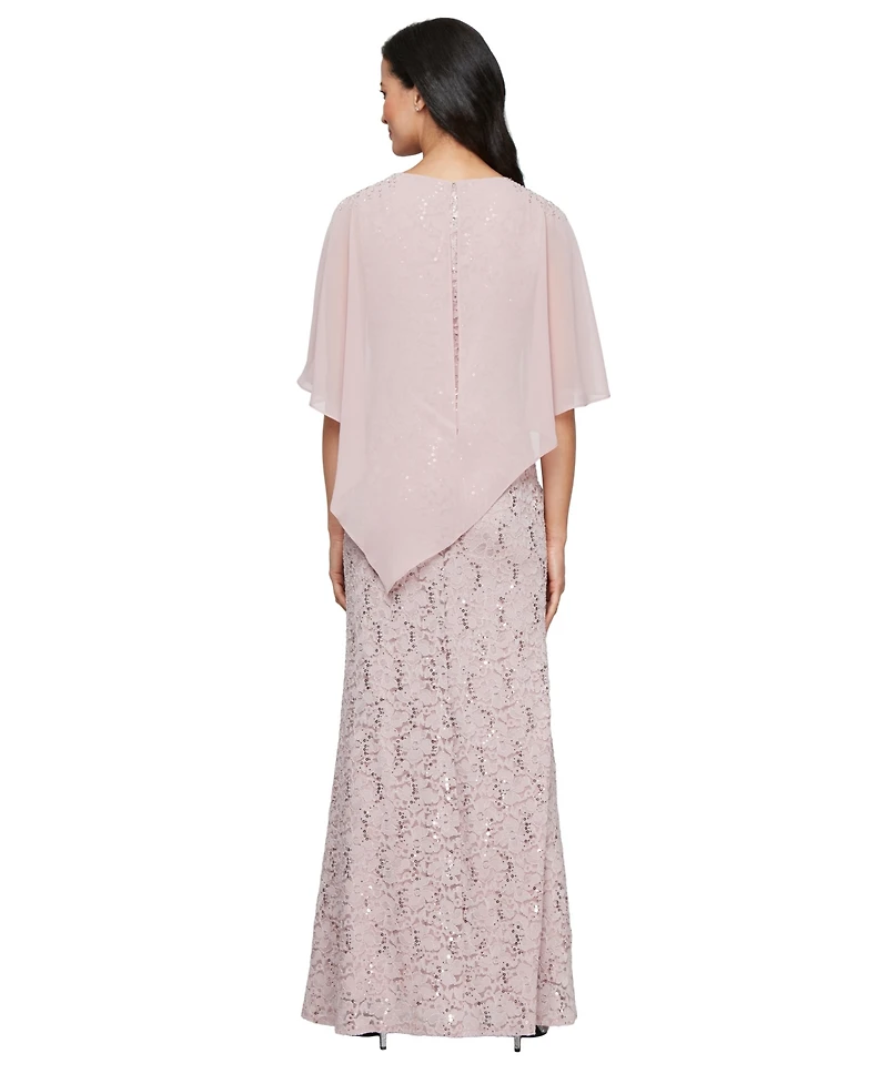 Sl Fashions Petite Round-Neck Sequin Lace Cape Dress