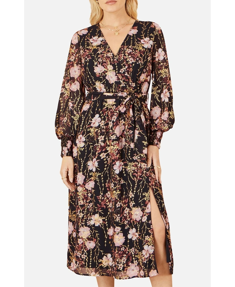 Yumi Women's Foiled Floral Print Wrap Midi Dress