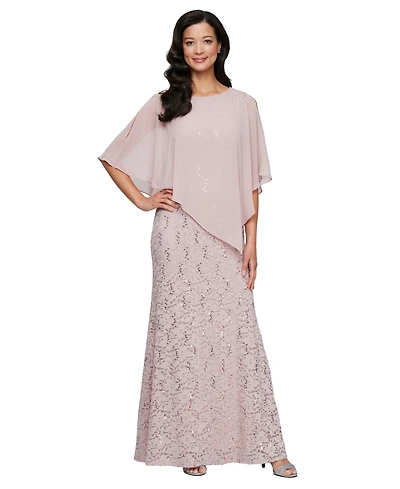 Sl Fashions Petite Round-Neck Sequin Lace Cape Dress