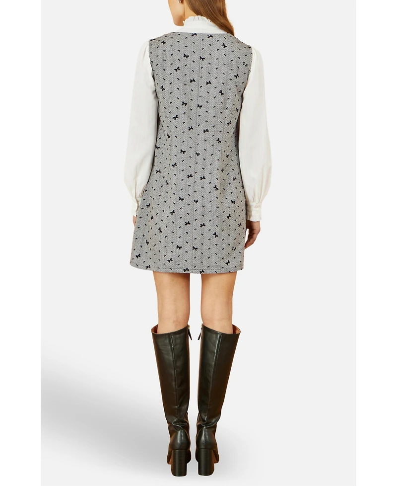 Yumi Women's Bow Print Button Up Pinafore Dress