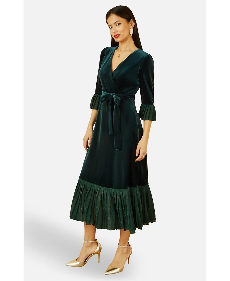 Yumi Women's Velvet Wrap V-Neck Midi Dress