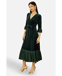 Yumi Women's Velvet Wrap V-Neck Midi Dress