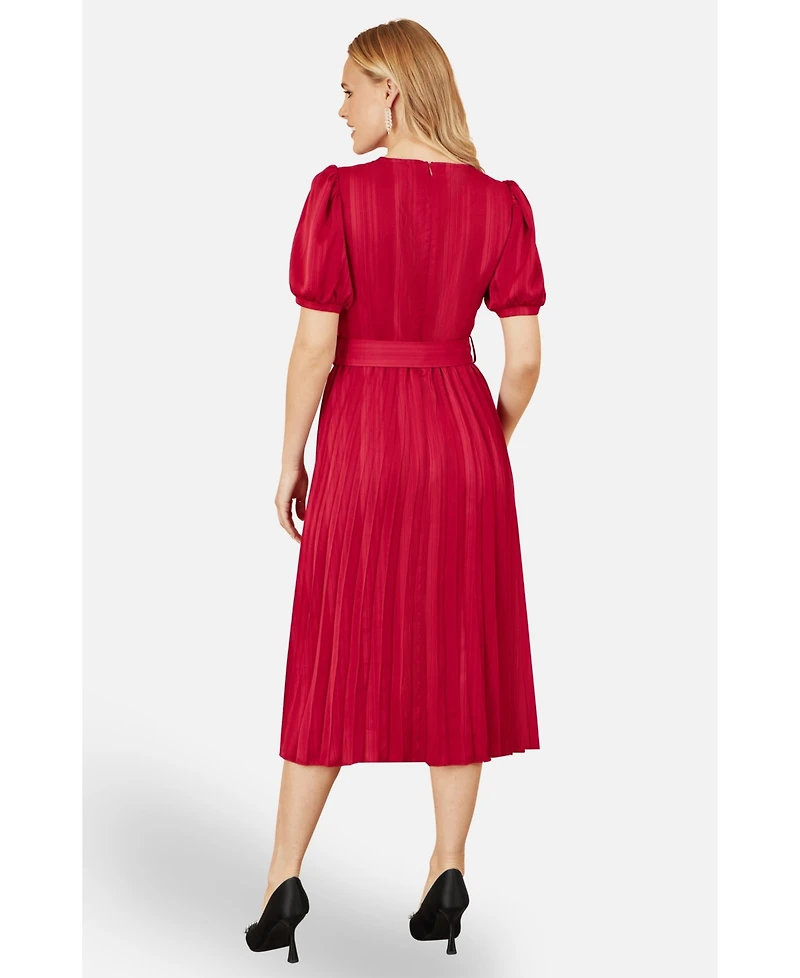 Yumi Women's Striped Satin Midi Dress Stylish Belted Partywear