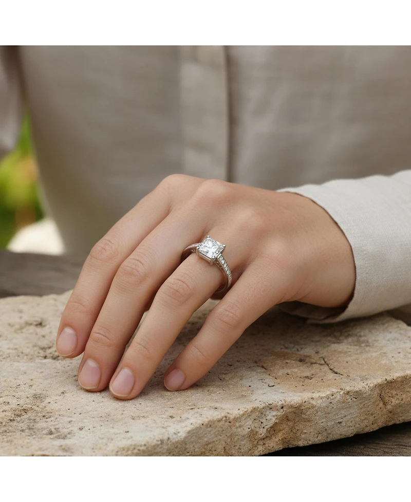 Bling Jewelry Classic 2.5CT Cz Square Princess Cut Solitaire Promise Ring Sterling Silver Cubic Zirconia Pave Band