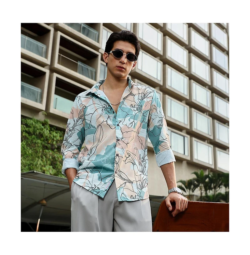 Campus Sutra Men's Botanical-Outline Imprint Shirt