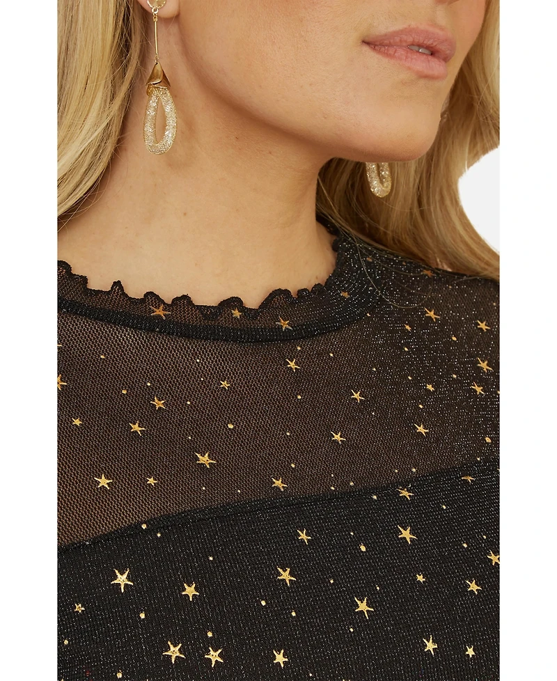 Yumi Women's Mesh Star Print Long Sleeve Top