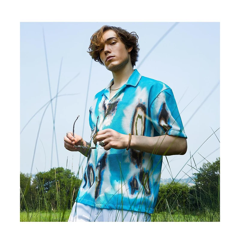 Campus Sutra Men's Sky Blue Topography Mesh Oversized Shirt
