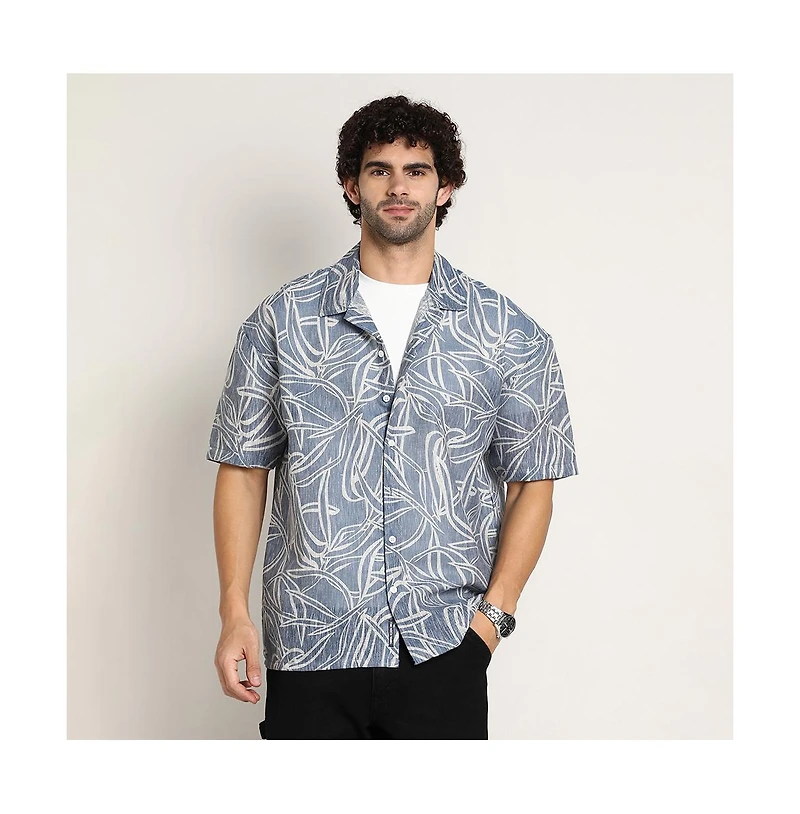 Campus Sutra Men's Steel Blue Vine-Lines Resort Oversized Shirt