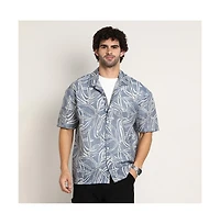 Campus Sutra Men's Steel Blue Vine-Lines Resort Oversized Shirt