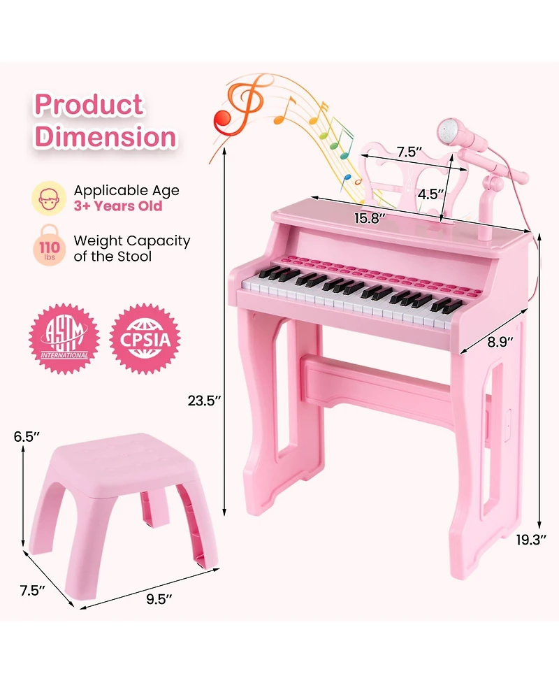Hongge 37 Key Kids Piano Keyboard Set With Microphone Music Stand And Stool