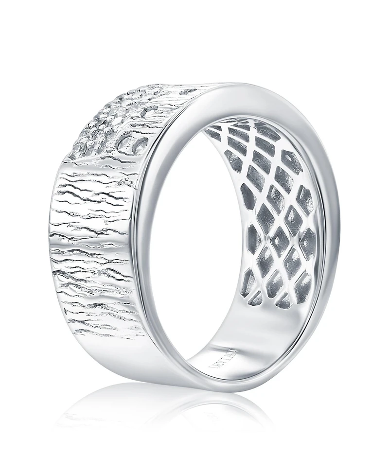 Suzy Levian Sterling Silver Cubic Zirconia Wide Band Wood Grain Confetti Ring