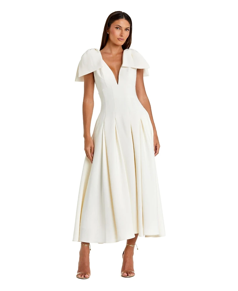 Mac Duggal Women's Crepe A Line Midi Dress with Bow Straps