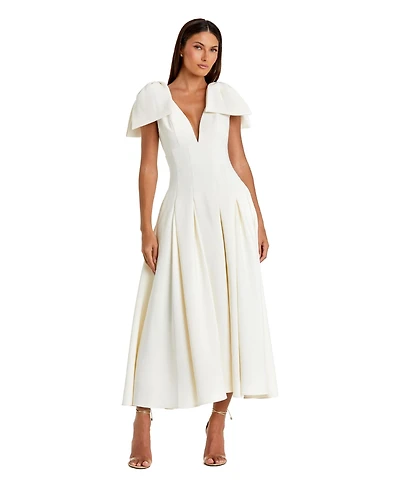 Mac Duggal Women's Crepe A Line Midi Dress with Bow Straps